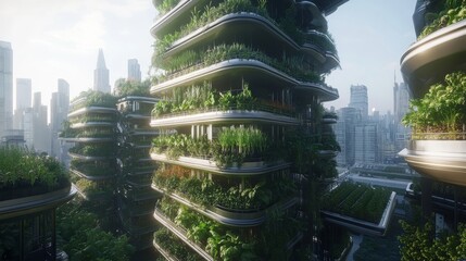 AI-managed urban farming systems for sustainable city agriculture: A futuristic vertical farm in the heart of the city, fully operated by AI systems.