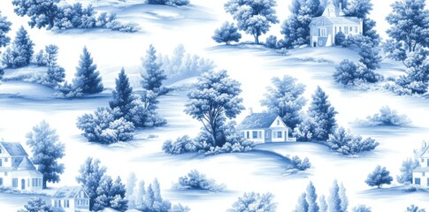 Fototapeta premium The seamless design includes ornate floral details and detailed vignettes of pastoral scenes