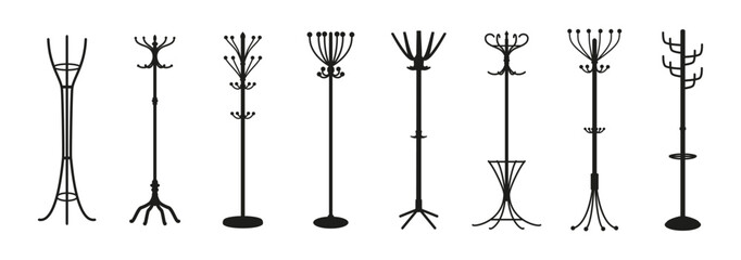Coat hanger and hats racks with hooks for dress garments, vector silhouette icons. Rack hangers of different shapes for hats and coats with hooks and umbrella compartment for home wardrobe storage