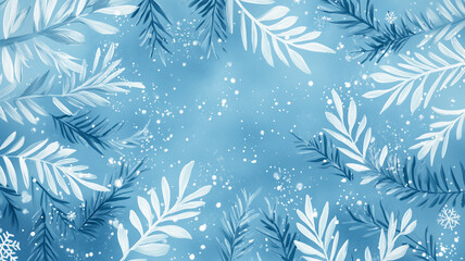 A serene illustration of white and blue leaves with scattered snowflakes, set against a soft blue background