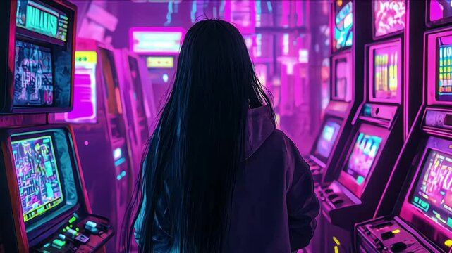 Girl playing arcade machine with neon lights, Back view of girl playing arcade machine
