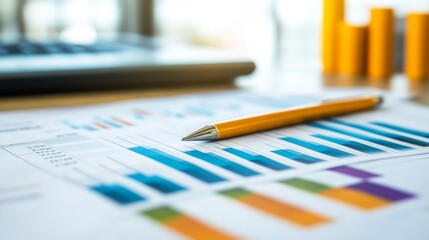 Close-up of a financial graph with a focus on positive growth trends and key performance indicators, set against a backdrop of a bustling business environment.