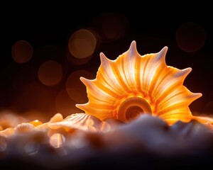 Obraz premium A beautiful close-up of a vibrant seashell against a soft bokeh background, evoking the serenity of the ocean.