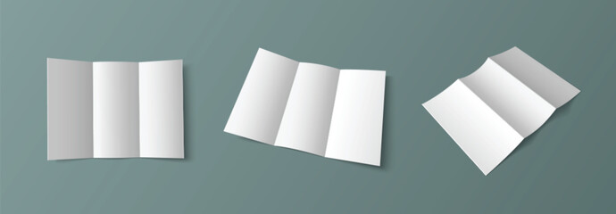 Tri fold white empty leaflet mockup in different angles of view. Open trifold blank paper brochure template. Pamphlet with three parts for menu or business presentation. Realistic 3d vector set.