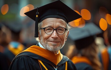 Fototapeta premium An elderly graduate in a black university robe Demonstrate educational achievement at every age.