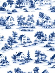 Fototapeta premium The seamless design includes ornate floral details and detailed vignettes of pastoral scenes