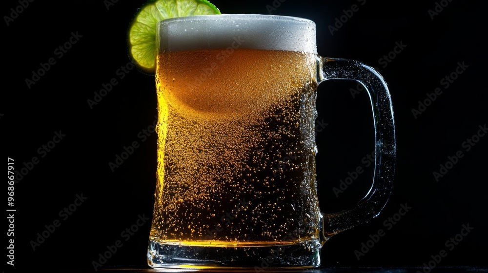 Aufkleber close-up of a frosty beer mug filled with a crisp lager, with a slice of lime on the rim and a refre