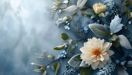 Winter Wonderland: Floral and Leafy Textures Amidst a Snowy Blue Backdrop