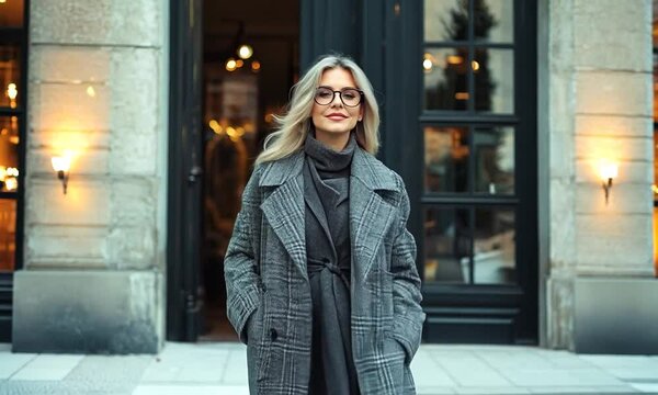 Stylish Woman in a Grey Coat Posing Outside a Store