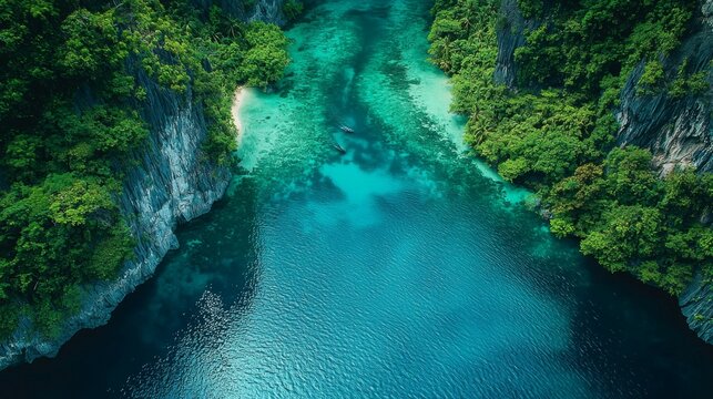 Aerial View of Turquoise Lagoon Surrounded by Lush Green Tropical Rainforest