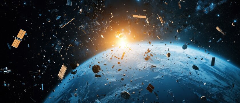 A futuristic depiction of space junk from various satellites scattered around a glowing Earth with intricate space textures