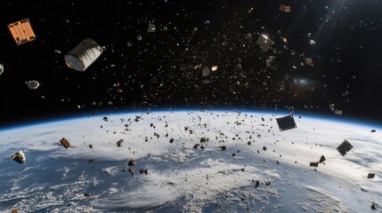High-resolution image of satellite debris orbiting Earth with a detailed view of space and subtle hints of distant star systems