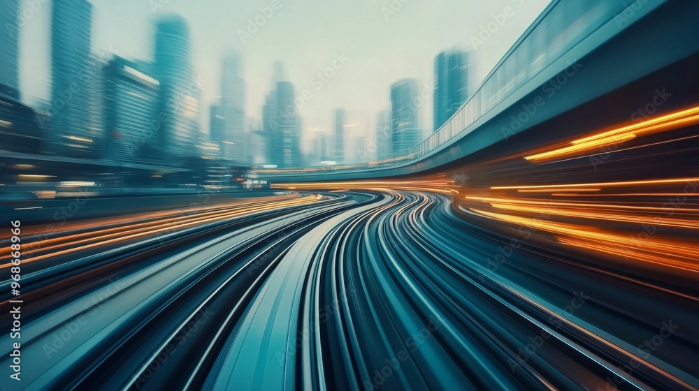 Poster Close-up of a high-speed train in a motion blur, illustrating the incredible speed and efficiency of the train as it travels through a bustling cityscape.