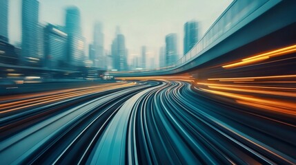Close-up of a high-speed train in a motion blur, illustrating the incredible speed and efficiency of the train as it travels through a bustling cityscape.
