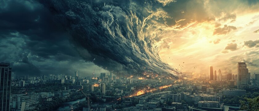 Catastrophic global event, natural disaster with massive earthquakes, flooding, and chaos, showcasing destruction and survival themes