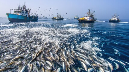 Consequences of overfishing on aquatic species dramatic drop in fish numbers with busy fishing vessels in the background stark environmental change