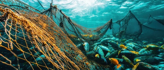Overfishing crisis illustrated with empty fish nets and depleted waters contrast between thriving and overexploited marine environments intense focus