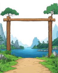 Wooden Frame Surrounding a Lake and Mountains