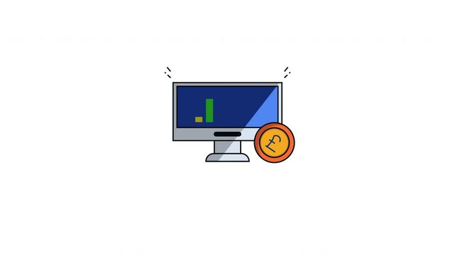 Animated of Computer monitor displaying bar graph with pound sterling coin symbolizing financial data analysis. Suitable for business presentations, finance reports, website graphics. 4k alpha channel