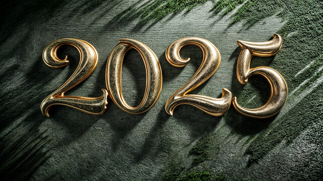 The golden numbers 2025 rest prominently on a dark textured surface, showcasing intricate designs and soft shadows, symbolizing celebration and the arrival of a new year