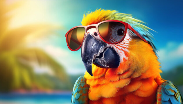 oiseau perroquet avec lunettes sur une plage l'&eacute;t&eacute;, concept de vacances ou voyage