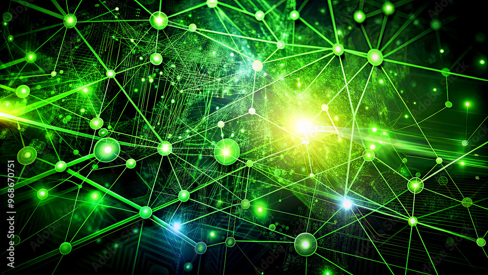 Poster this visual representation showcases a complex network of interconnected green nodes and lines, symb