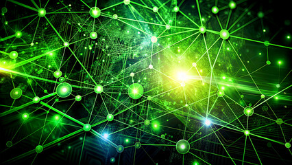 Obraz premium This visual representation showcases a complex network of interconnected green nodes and lines, symbolizing digital connectivity and data flow in a dark backdrop
