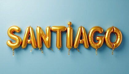 SANTIAGO Golden 3D Balloon Letters on Solid Color Background