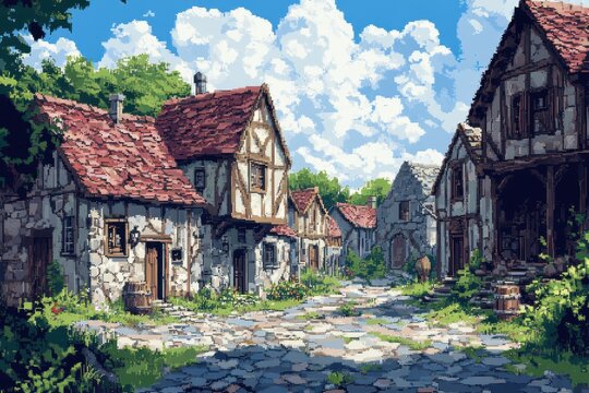 Retro Pixelated RPG Village with Quest Board and NPCs Offering Missions for 16-Bit Exploration Adventure Game Concept