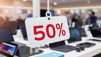 Price list with a 50% discount in the gadget store.