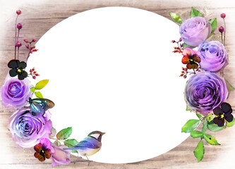 透過イラストフレームーモーヴカラーの薔薇と小鳥と蝶