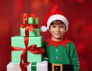 Boy in a Santa hat and elf costume standing beside stacked Christmas gift boxes