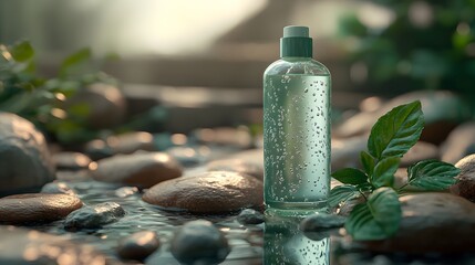Natural Skincare Product Bottle with Water Drops and Green Leaves in a Stream - Spa, Beauty, Wellness, Organic Concept.