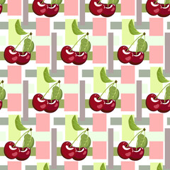 Geometric shapes and cherries in a pattern.Ripe cherries on a background of colorful geometric shapes in a vector seamless pattern.