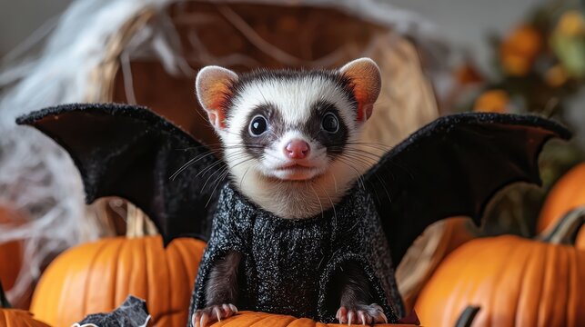 Cute ferret in a bat costume with tiny wings and ears against a backdrop of Halloween pumpkins and cobwebs