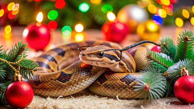 A ball python, wearing glasses, casually rests on a soft carpet surrounded by colorful Christmas ornaments and twinkling lights, creating a cheerful atmosphere