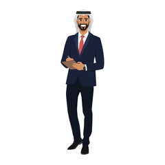 Young bearded businessman holding clipboard. Flat Vector character illustration