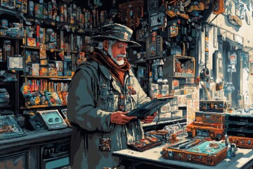 Obraz premium Pixelated Retro Shopkeeper with Magic Items in 16-Bit RPG Market Scene