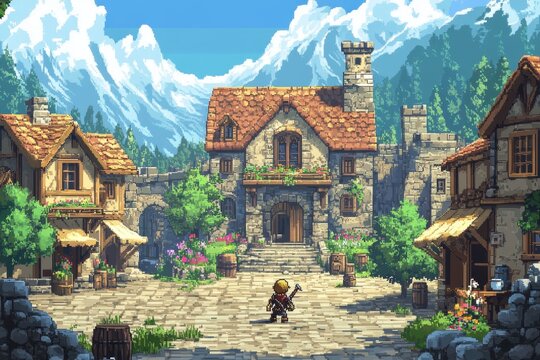 Retro 8-bit Pixel Hero Embarking on RPG Adventure in Town Square Filled with NPCs, Overworld Life, and Interactions