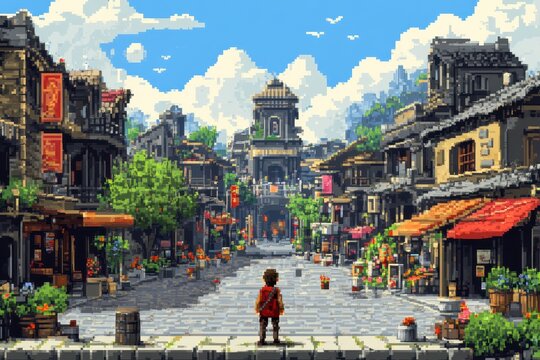 Fototapeta Pixelated 8-Bit Hero's Journey: Exploring RPG Overworld with NPCs in Town Square