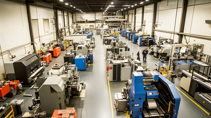Naklejka premium busy manufacturing floor where laser cutting machines are hard at work, processing materials at high speeds to meet production demands
