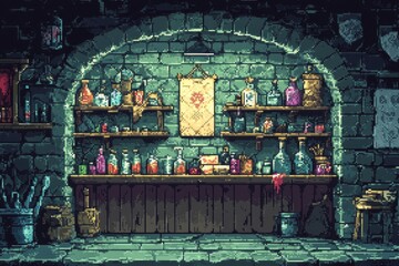 Pixelated Retro RPG Shop Scene with Potions and Weapons in 8-Bit Style