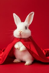 Rabbit dressed as a superhero with a flowing cape, superhero rabbit, cute Halloween pet costume