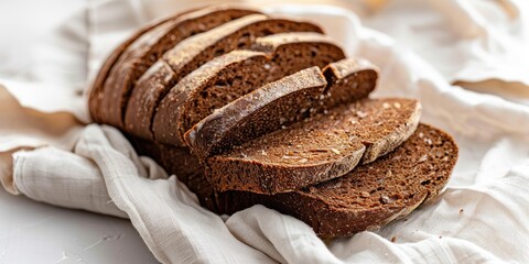 Sliced Black Bread with Bran on a White Cloth Oval Dark Loaf on Light Background