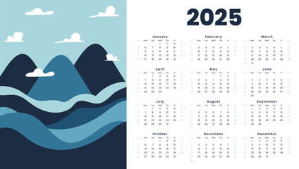 Calendar 2025 starts from Sunday. Minimalist, Clean, Simple and Modern Design. One page Calendar