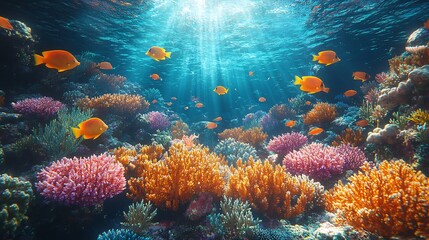 Photorealistic image of a vibrant coral reef with colorful fish swimming among the corals illuminated by sunlight filtering through the crystalclear water capturing the beauty of marine life