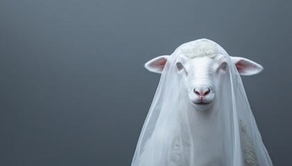 Sheep dressed as a ghost with a flowing white sheet, ghost sheep, farm animal in Halloween costume