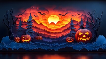 3D hallowween pumpkin Layer multiple pieces of cut paper to add depth. For example, place a spooky tree silhouette in the background and a jack-o'-lantern in the foreground