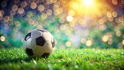 Fototapeta premium A well-used soccer ball sits on a field of green grass as the sun sets, casting warm golden light and a soft bokeh effect in the background, adding to the serene ambiance
