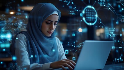 young muslim woman in hijab works on laptop at the office, surrounded digital connections and data points
